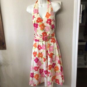 London Times floral halter dress with fabric covered belt. Size 6.